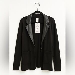 Sioni Black Sweater Blazer with Faux Leather Trim